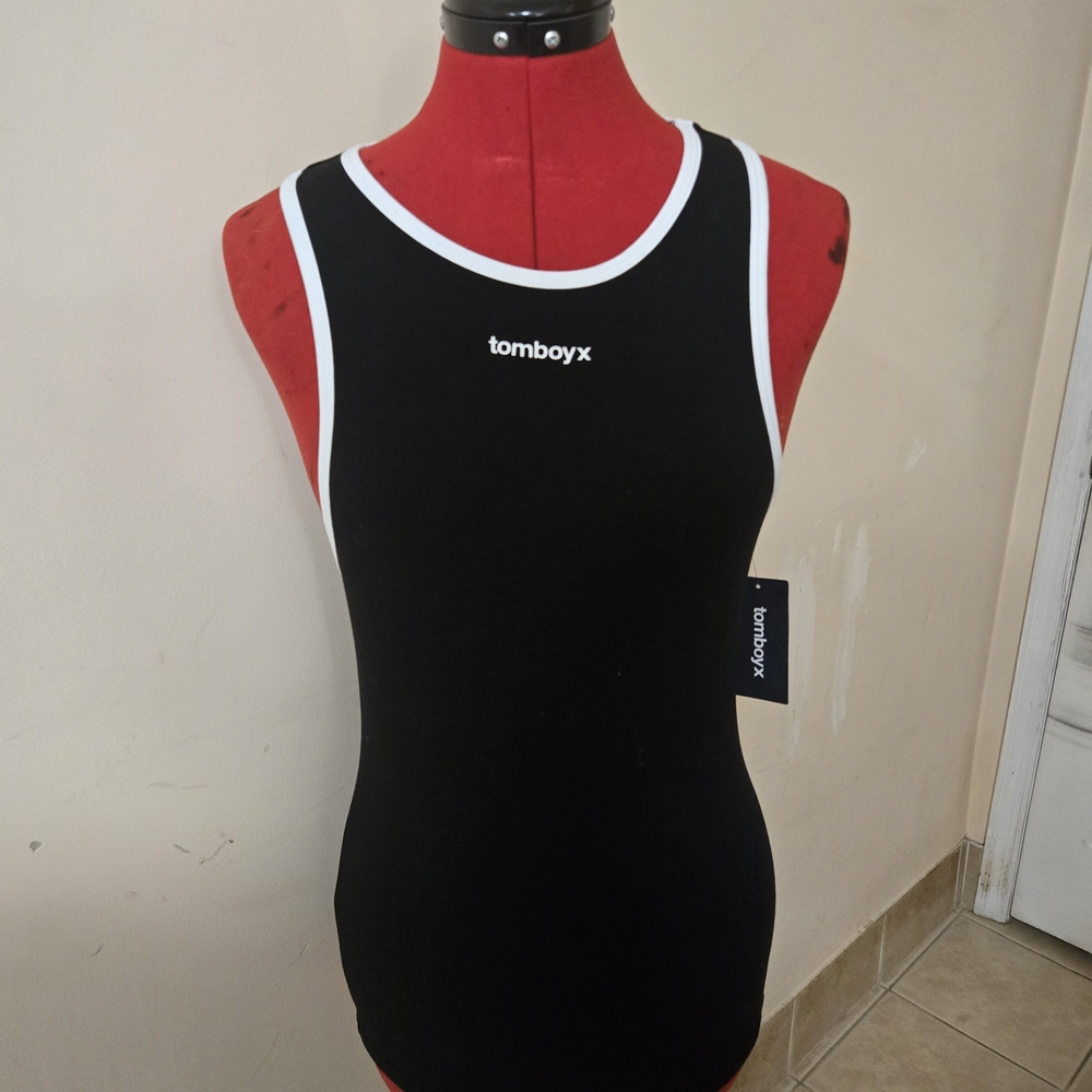 NWT TomboyX Cotton Racerback Ringer Tank (Black/White Trim) (M)